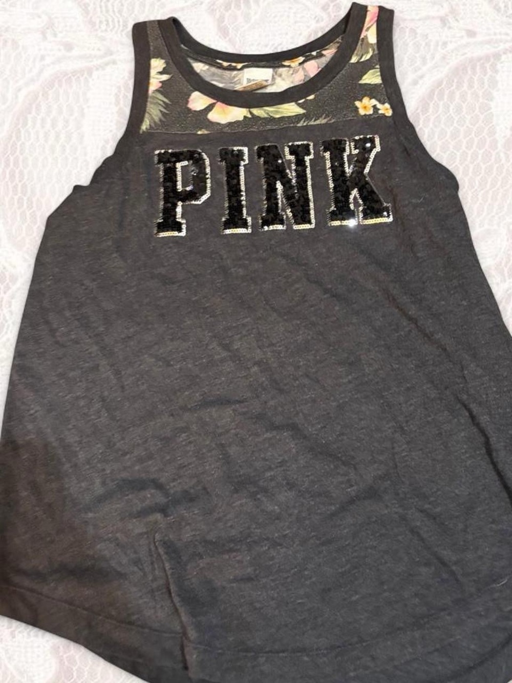 Victoria's Secret PINK Charcoal Tank with Floral Trim and Sequin Logo